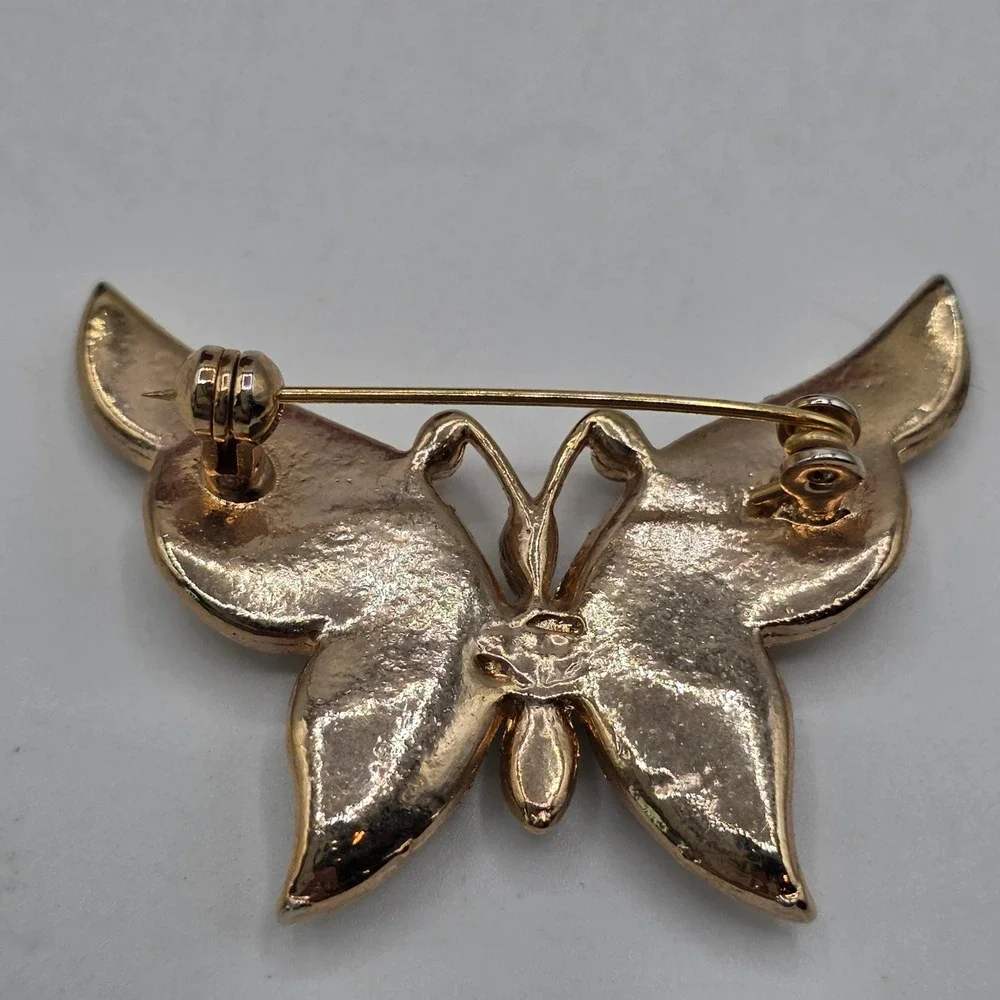 Vintage Gold Tone Butterfly Brooch Red Green Clear Rhinestone Pave Pin